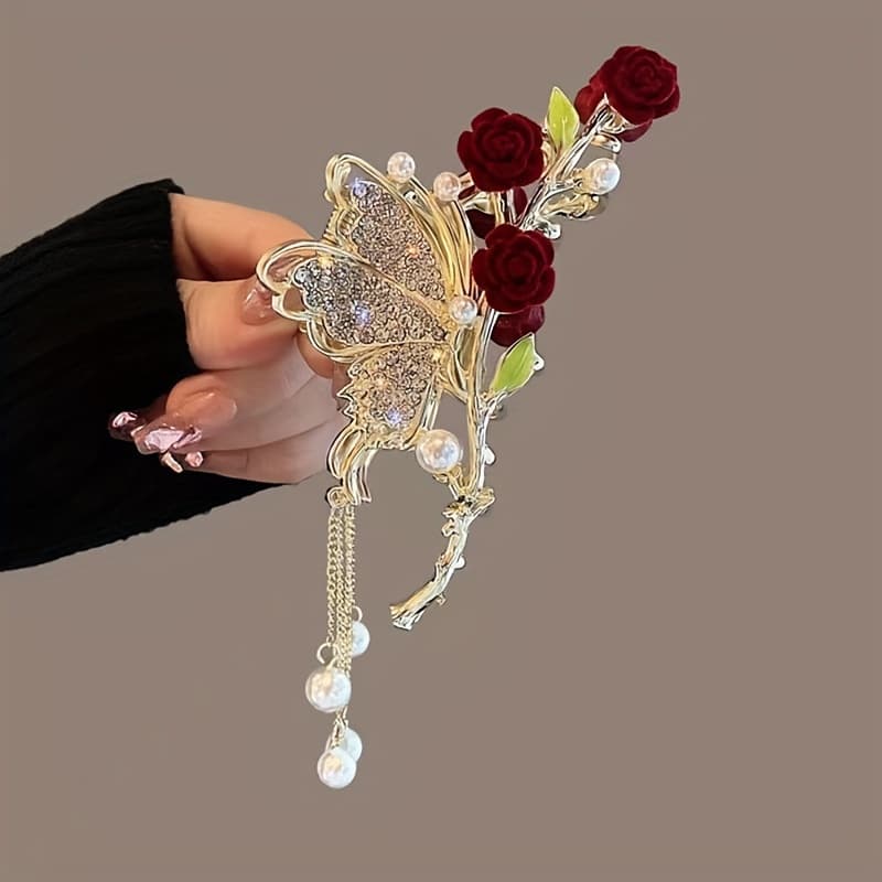TEMU Large Velvet Hair Clip With A Red Rose And , Perfect For Summer Beach And Daily Wear, Touch To Your Additions
