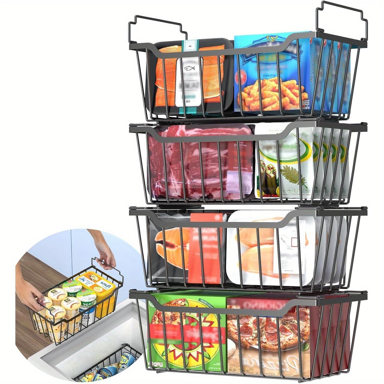 TEMU 8-pack & 4- Organizer Bins - Stackable And Foldable Handle Metal Storage Baskets For Deep Chest Freezer Organization (3.5-7 Cu.ft) - Space Utilization