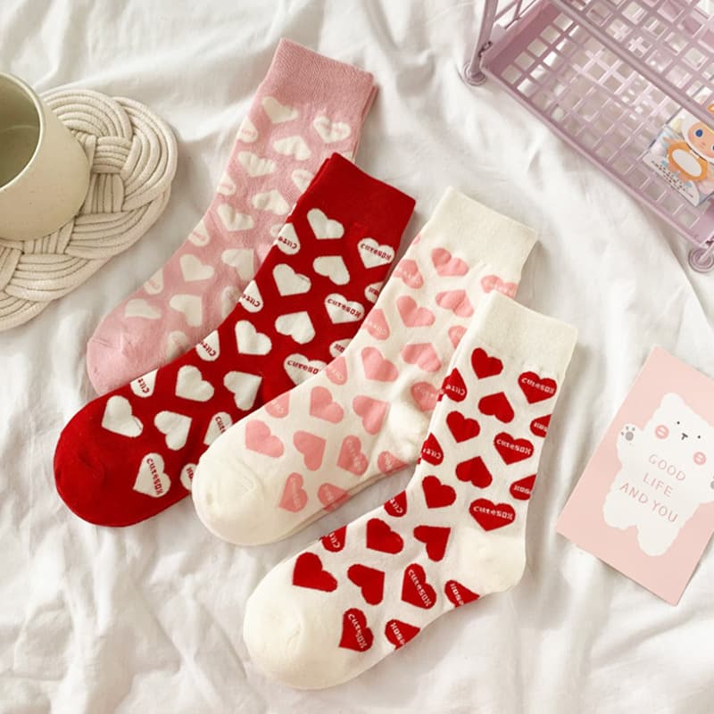 TEMU 4 Pairs Of Heart-shaped Printed Couple Socks With Multi- And Personalized Heart Patterns, Comfortable And Breathable, College Style, Versatile For Daily Use