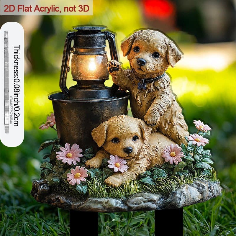 TEMU 2d Flat, [2d Flat] 1pc 2d Flat Floral Acrylic Stake With Pointed Base For Soil 2 Puppies A Lantern For Decorating Flower Pots With Garden Ornaments, Ideal For Outdoor Courtyard And Pots, 2d Flat