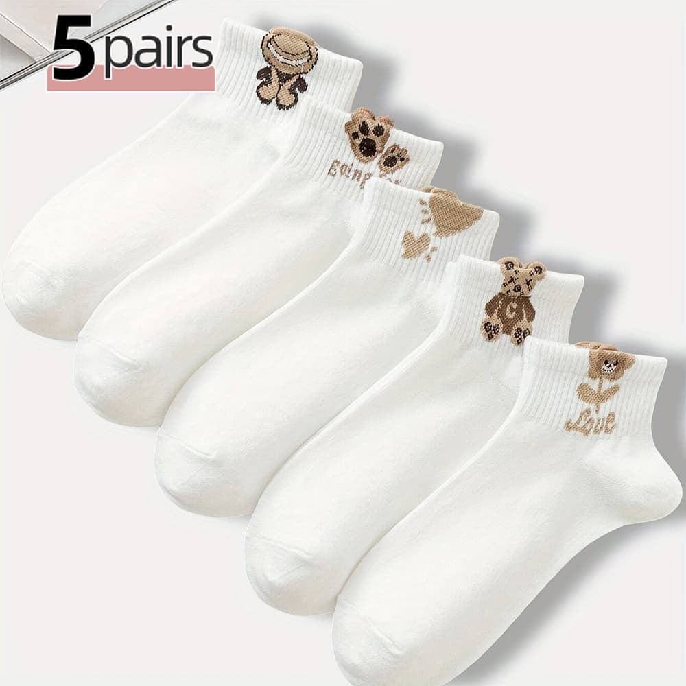 TEMU 5 Pairs Of White Socks With Bear And Flower Prints, Cartoon Style, Soft, Breathable, Comfortable, Suitable For All