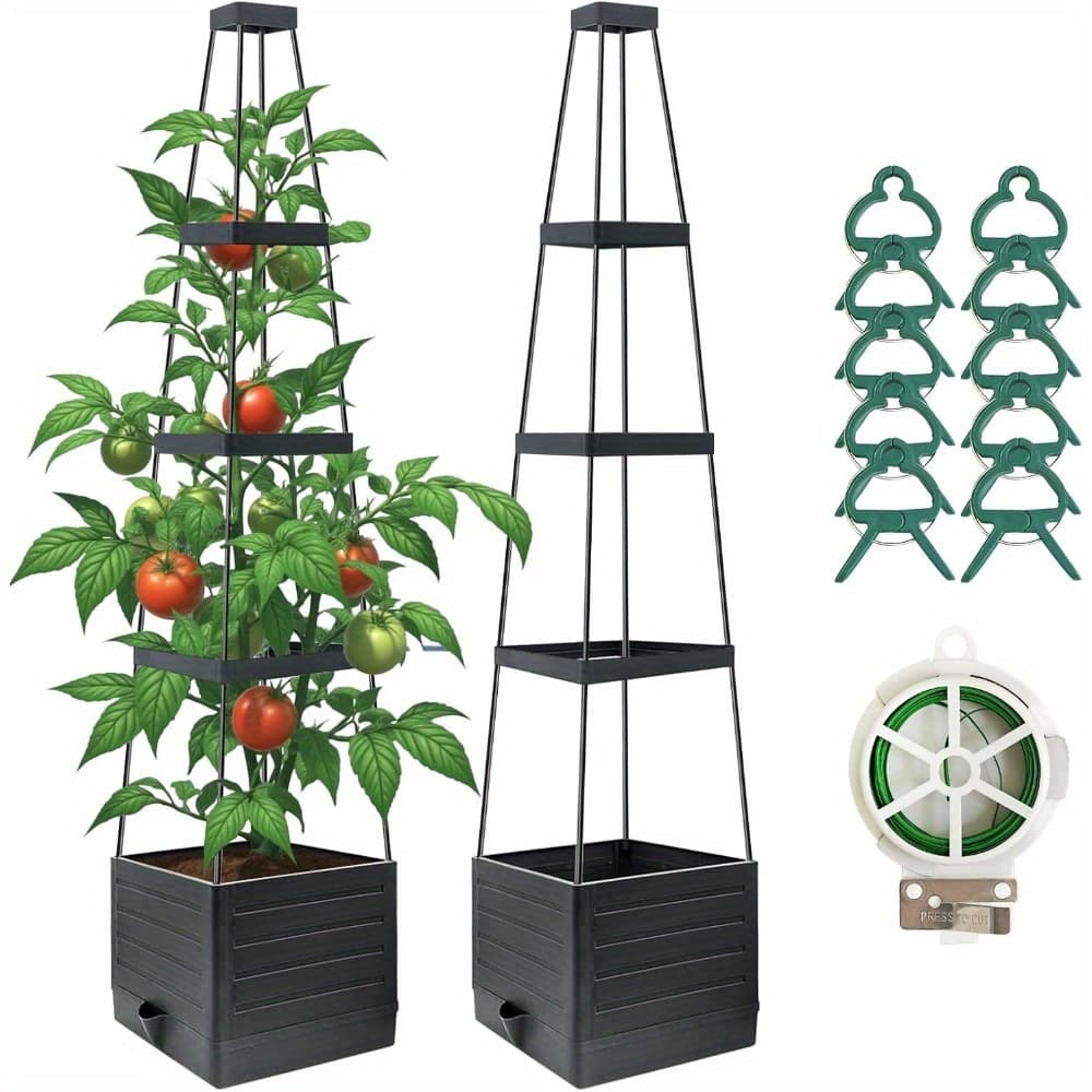 TEMU Set Of 2 Elevated Garden Bed Planters Featuring A Trellis, 58-inch Tomato Planter Designed For Climbing Plants, Vegetables, Vines, And Flowers, Self-watering Tomato Support For Outdoor And