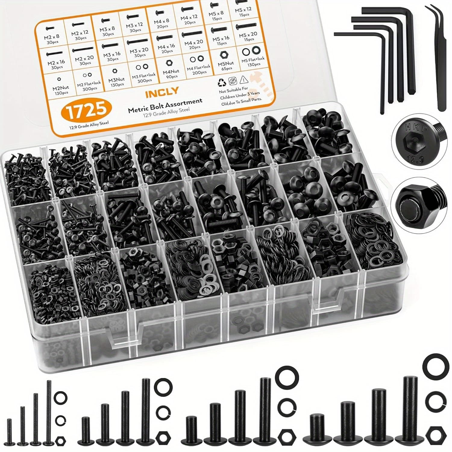 TEMU 1725pcs Metric Screw Assortment Kit, M2 M3 M4 M5 Screws, Metric Bolts And Nuts Assortment With Lock And Flat Washers, Grade 12.9 Alloy Steel Hex Socket Head Screws Nuts And Bolts Assortment Kit