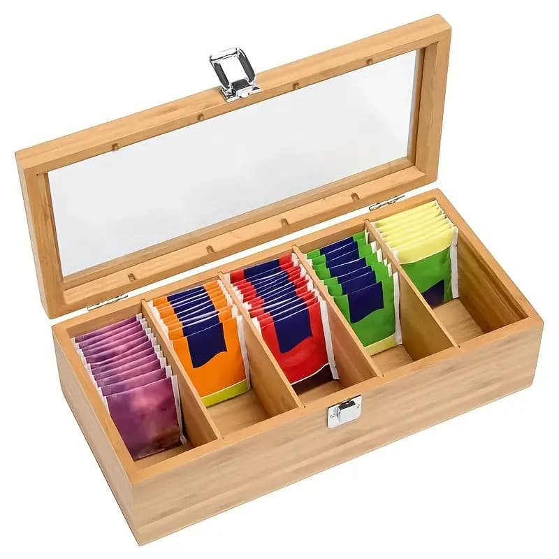 TEMU 1pc Bamboo Wood Tea Bag Organizer With 5 Slots Tea Bag Holder And Tea Organizer, Sugar Storage For Countertops