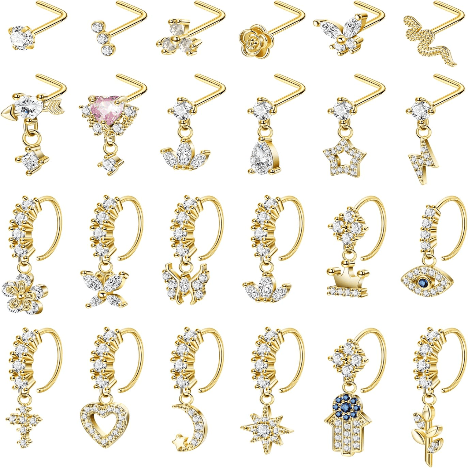TEMU 24pcs 20g K18 Gold-plated Copper Nose Ring Pendants, Women's L-shaped Nose Stud Set With Moissanite Flower Moon Star Pendants, Delicate Nose Jewelry