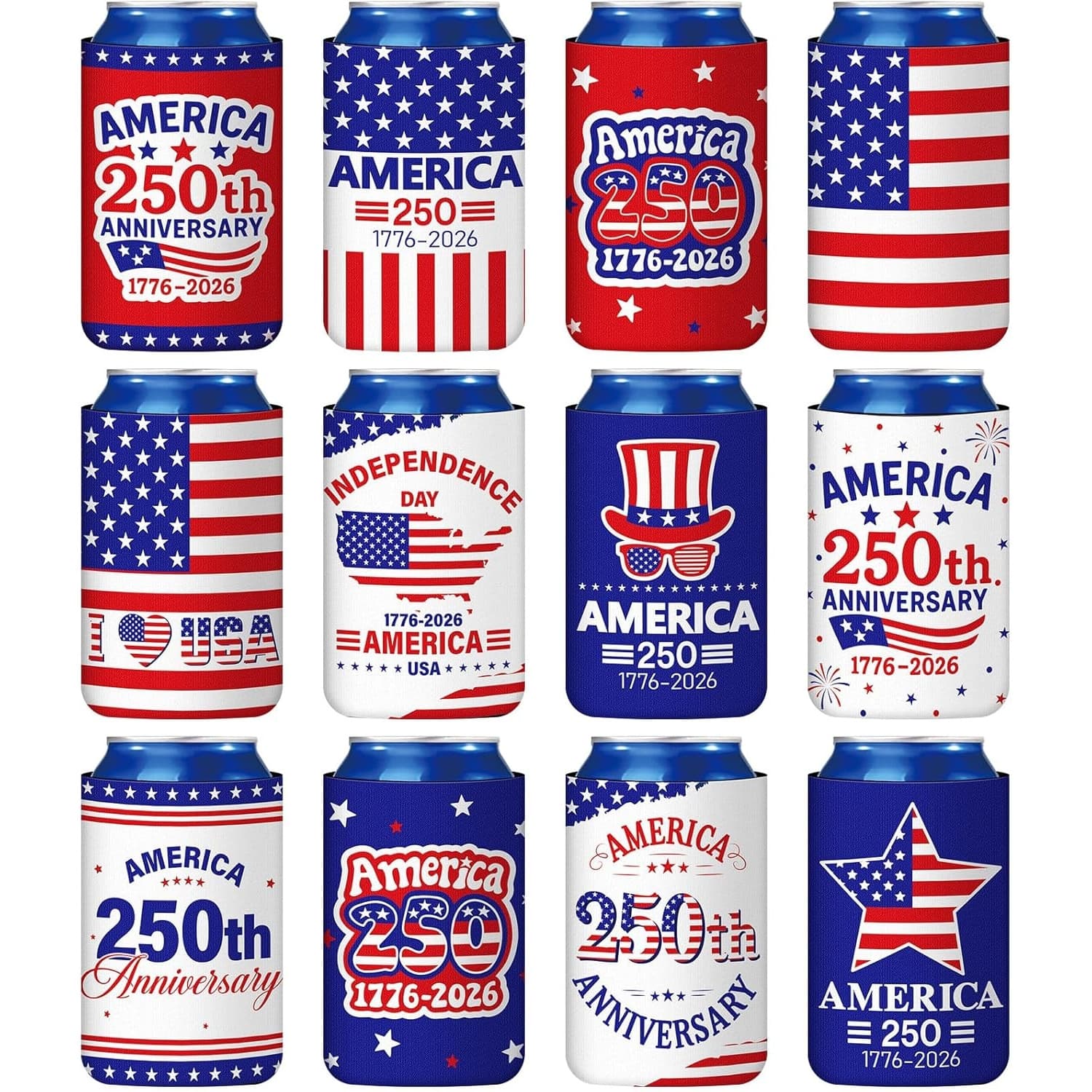 TEMU 12-pack Day Themed Can Sleeves, Reusable Neoprene Beverage Can Sleeves, Beer Warmer Sleeves, Commemorating The 250th Anniversary Of American (1776-2026), Patriotic Party Gifts
