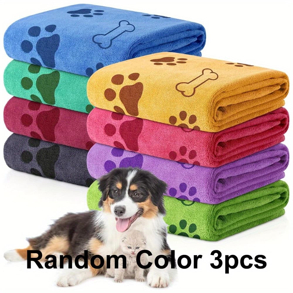 TEMU [quick- Towels] 3-pack Random Colors Quick-dry Soft Absorbent Polyester Pet Towels - Bathing Supplies For Medium Dogs With Paw Print Design