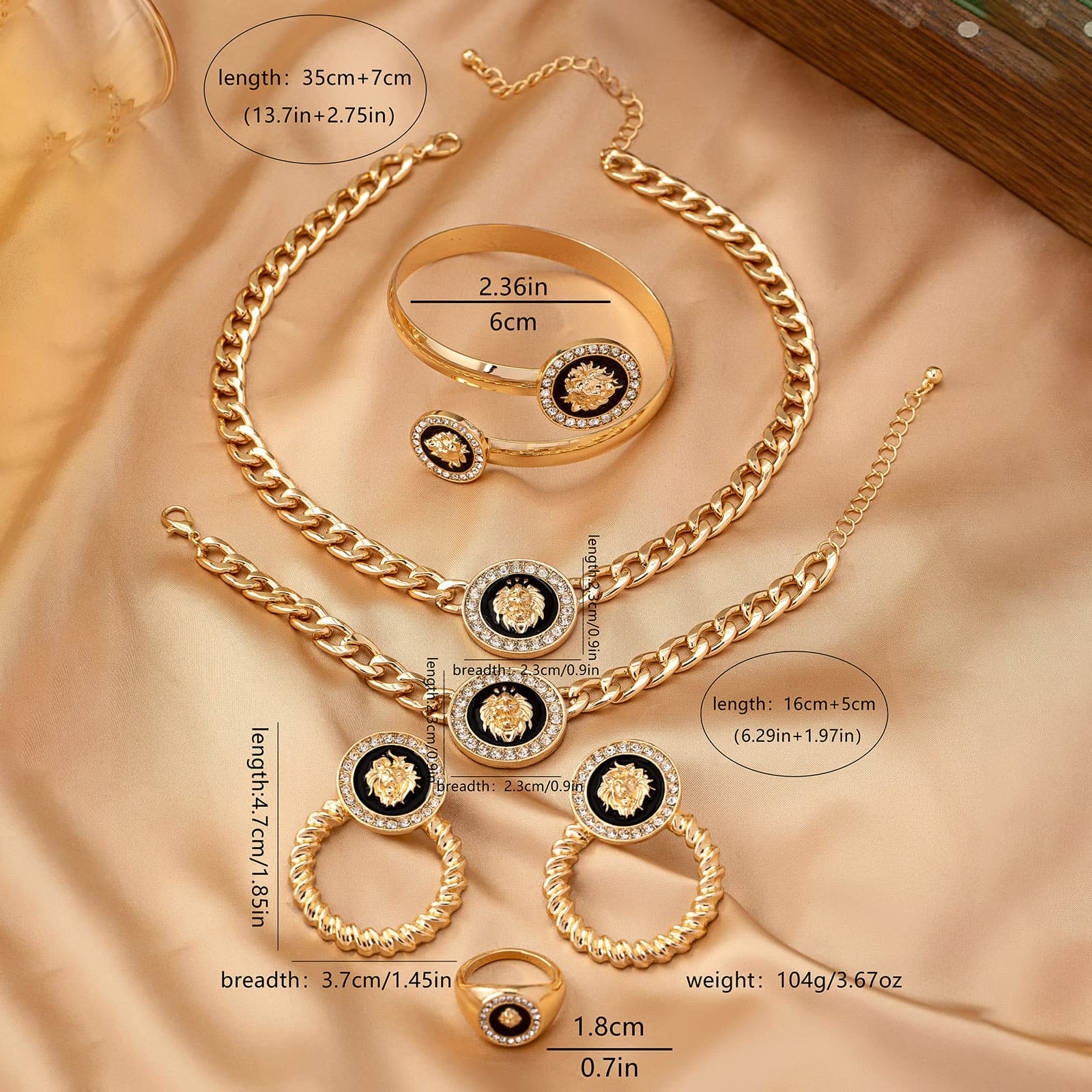 TEMU 5pcs, Fashion Lion Ring Bracelet Earrings Necklace Set Women Party Jewelry