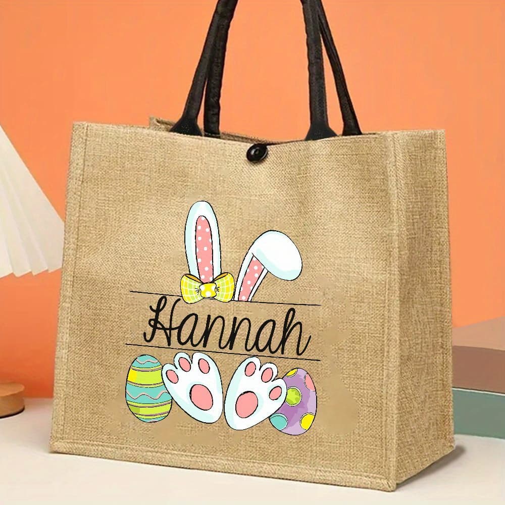 TEMU Custom Easter Tote With Name, Easter Egg Hunt, Personalized Easter Gift, Jute Tote Bag Featuring Easter Bunny, Is A Printed Product