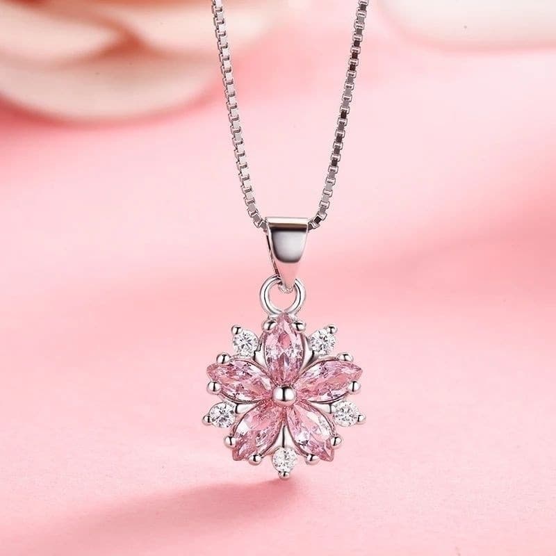 TEMU 1pc S925 Silver Sweet-style Pink Moissanite Pendant Necklace, Flower Pendant Collarbone Chain, Suitable For Daily Wear And As A Gift For Anniversaries, Valentine's Day, And Christmas