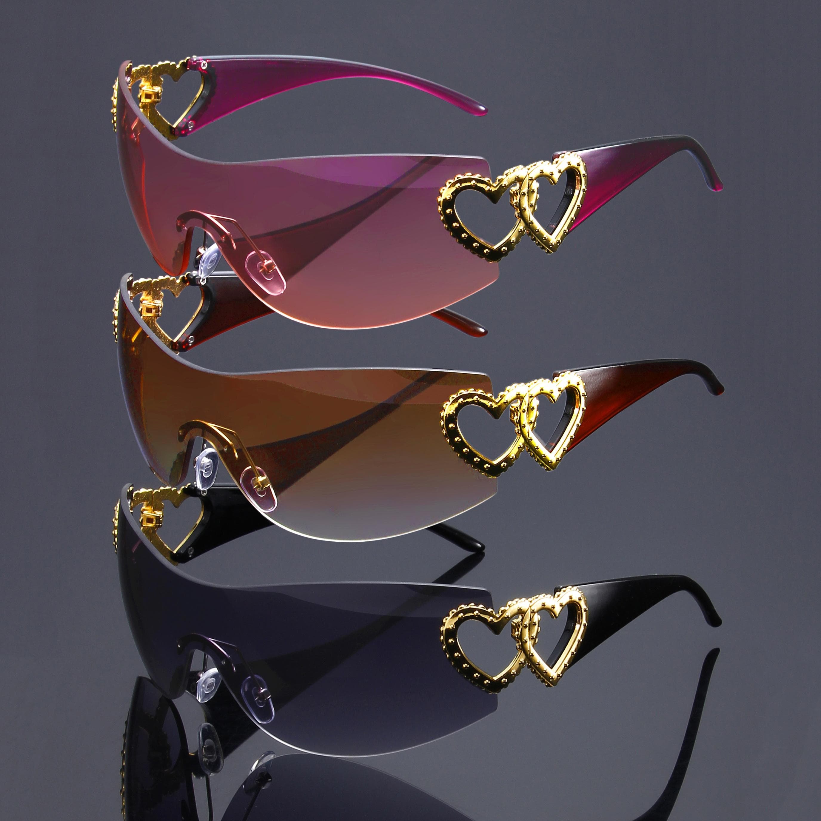 TEMU 3pcs Frameless 1pc Glasses - Unisex Hip-hop Party Eyewear With Metal Heart-shaped Hinge, Round Suitable For , Fashionable Decorative For Parties, Casual Attire, Photo Shoots, No