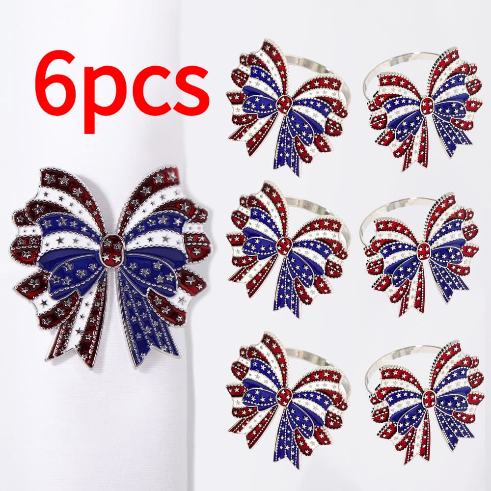 TEMU 6pcs Set Of American Day Themed Napkins With Bows, Shapes, Alloy Napkins, Hotel Restaurants, Holiday Parties, Dining Tables, Light Luxury Decorative Ornaments
