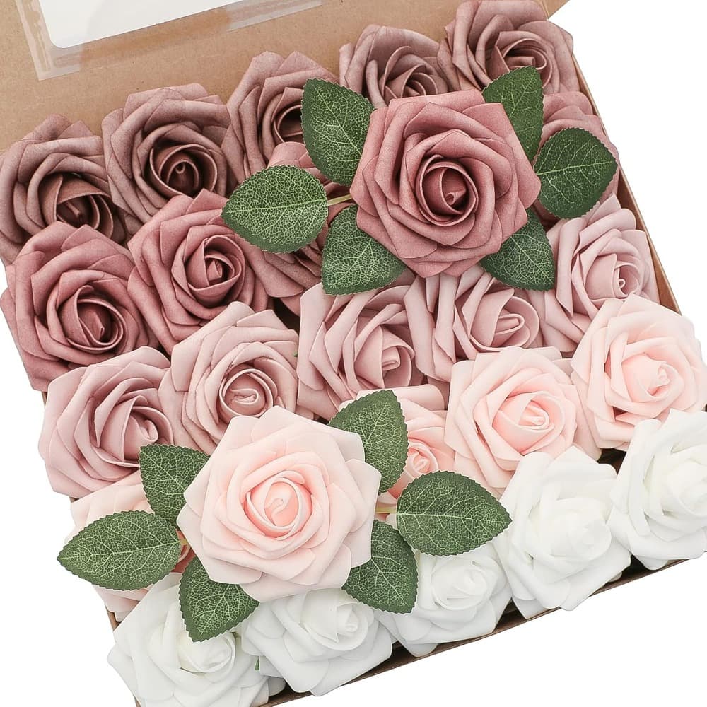 TEMU Artificial Flowers 6pcs Real Looking Dusty Rose Ombre Colors Foam Fake Roses With Stems For Wedding Bouquets Bridal Shower Centerpieces Floral Arrangements Party Tables Home Decorations