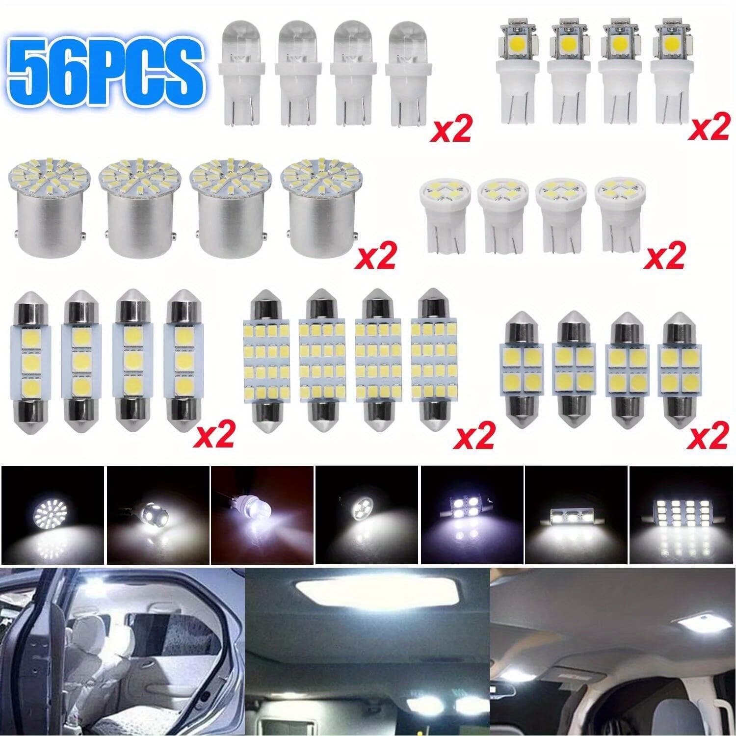 TEMU 56pcs Car Led Light Replacement Bulb 12v-t10 Width Indicator Dual Pointed Reading Light For Map Door Dash Instrument Courtesy License Plate Lights, White