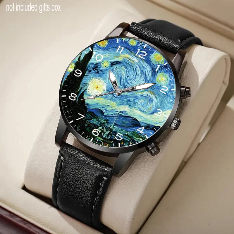 TEMU Men's Van Starry , Round Alloy Case And Faux Leather Strap, Pointer Quartz Movement, Suitable For Daily Wear, Holiday Gift
