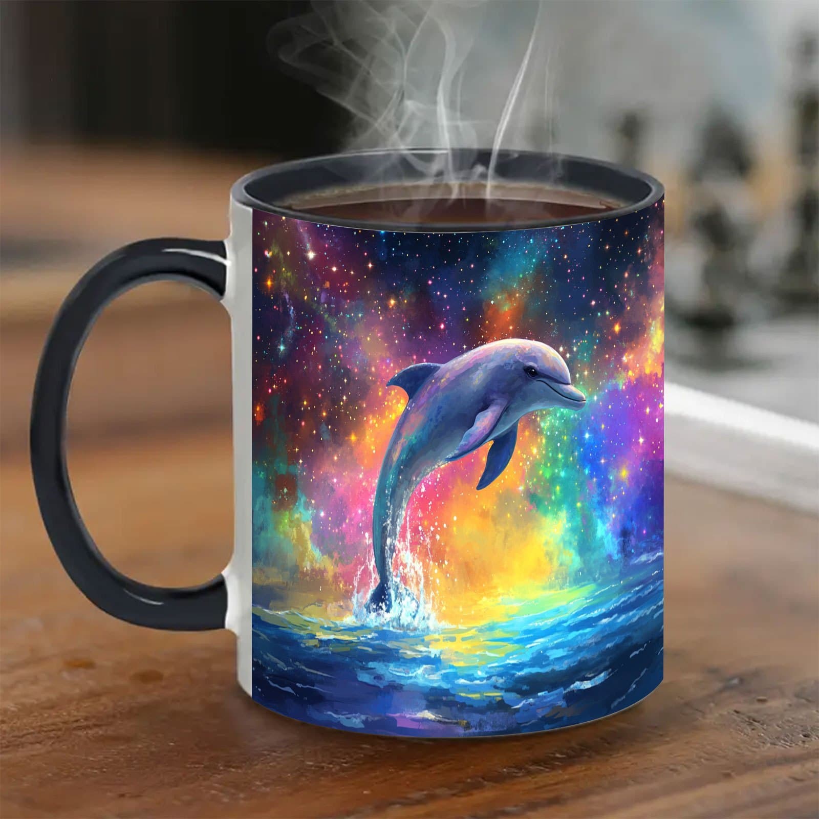 TEMU 1pc 11oz Dolphin & Mug - Dishwasher Black Coffee Cup With & Stars, Glossy Ocean Theme Drinkware For Tea, Milk, Birthday Gifts, Christmas, Office Party Supplies, Marine-themed Tableware