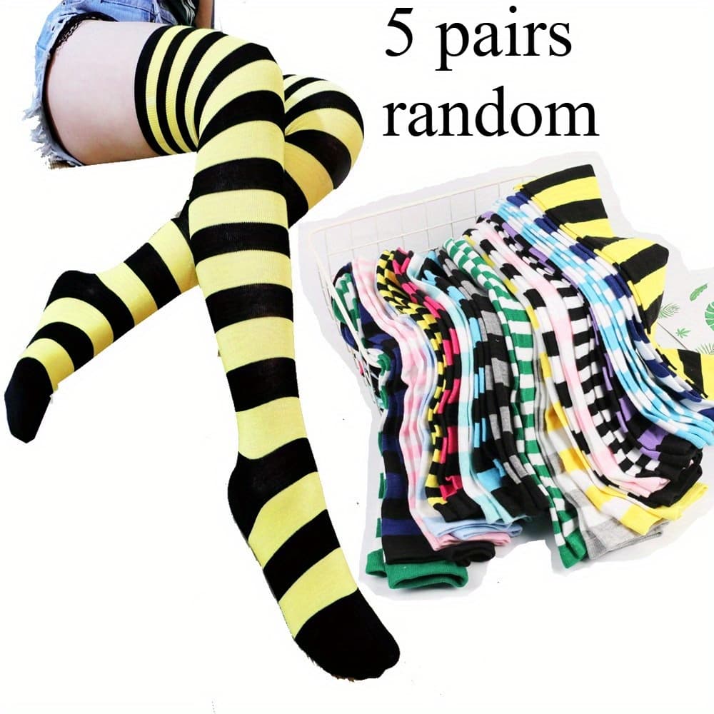 TEMU Random Color-5 Pairs Of Christmas Stockings; Striped Thigh-high Socks For Women; Japanese Over-the-knee Socks; Halloween Party Socks.