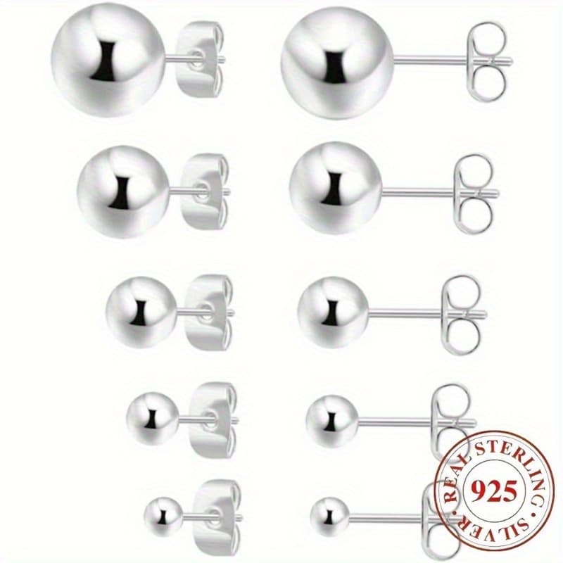 TEMU Set Of Silvery Stud Earrings Made Of S925 For Women, Featuring Small Studs In Sizes: 2mm, 3mm, 4mm, 5mm, And 6mm, With A Total Of 5 Pairs