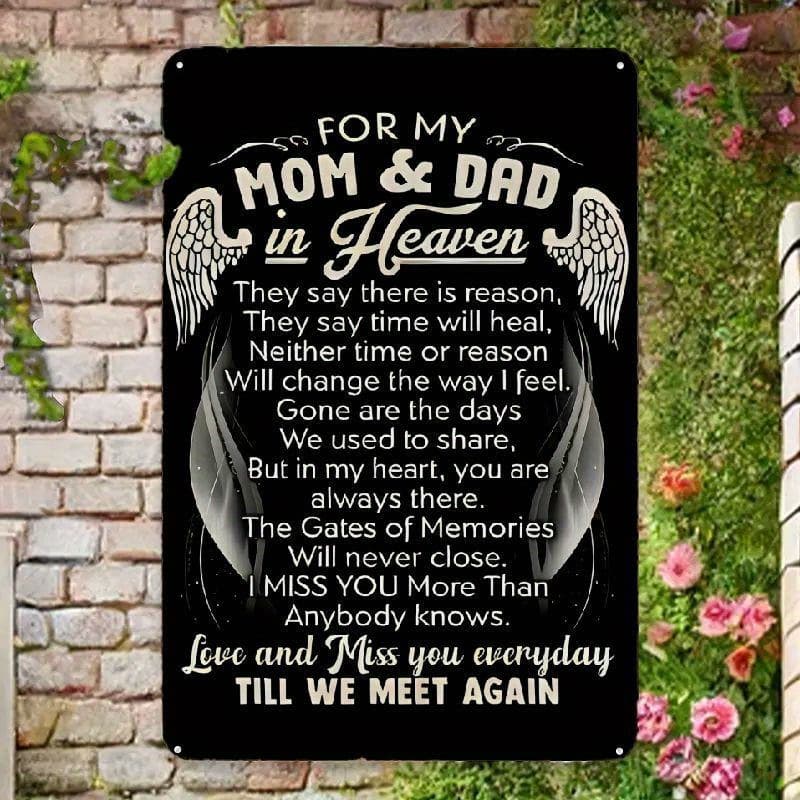 TEMU Memorial Metal Sign 12x8 My Parents In Heaven Metal Sign - Small Hemp Rope Cemetery Decoration, Graveyard Outdoor