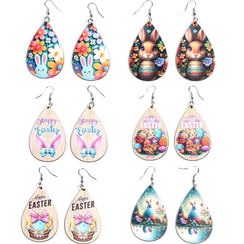 TEMU 6 Pairs Of Cute Easter Rabbit Print Wooden Earrings, Suitable For , Parties, Easter Celebration, Cute Easter Gifts For Women