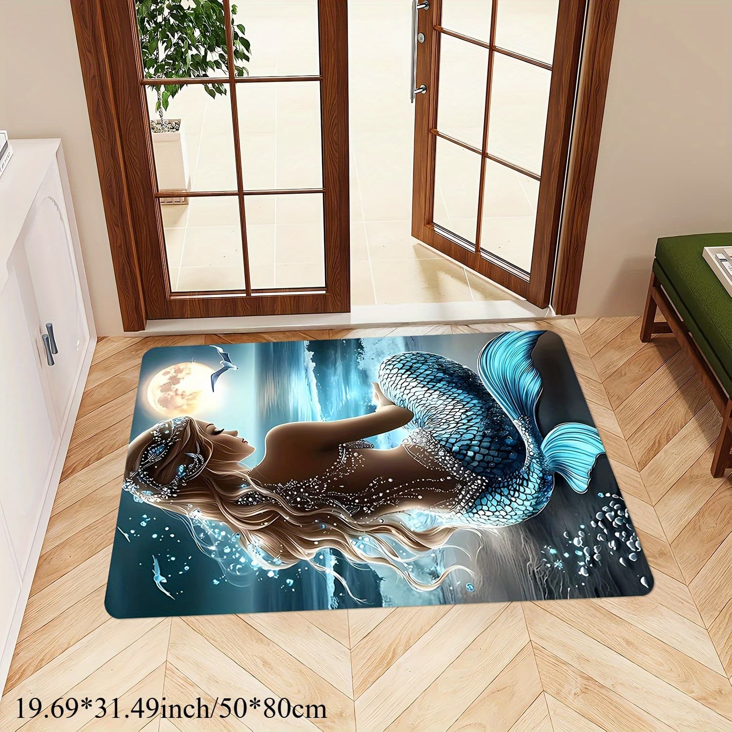 TEMU Vintage Country Mermaid Pattern Mat - Washable, Suitable For Bathroom, Living Room, Bedroom, Kitchen, Office, Ethnic Rugs, Room Decor