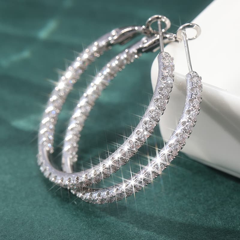 TEMU Popular Earring With Synthetic White Cubic Zirconia Circle Hoop Earrings Round Silvery Color Hoop Earrings For Women