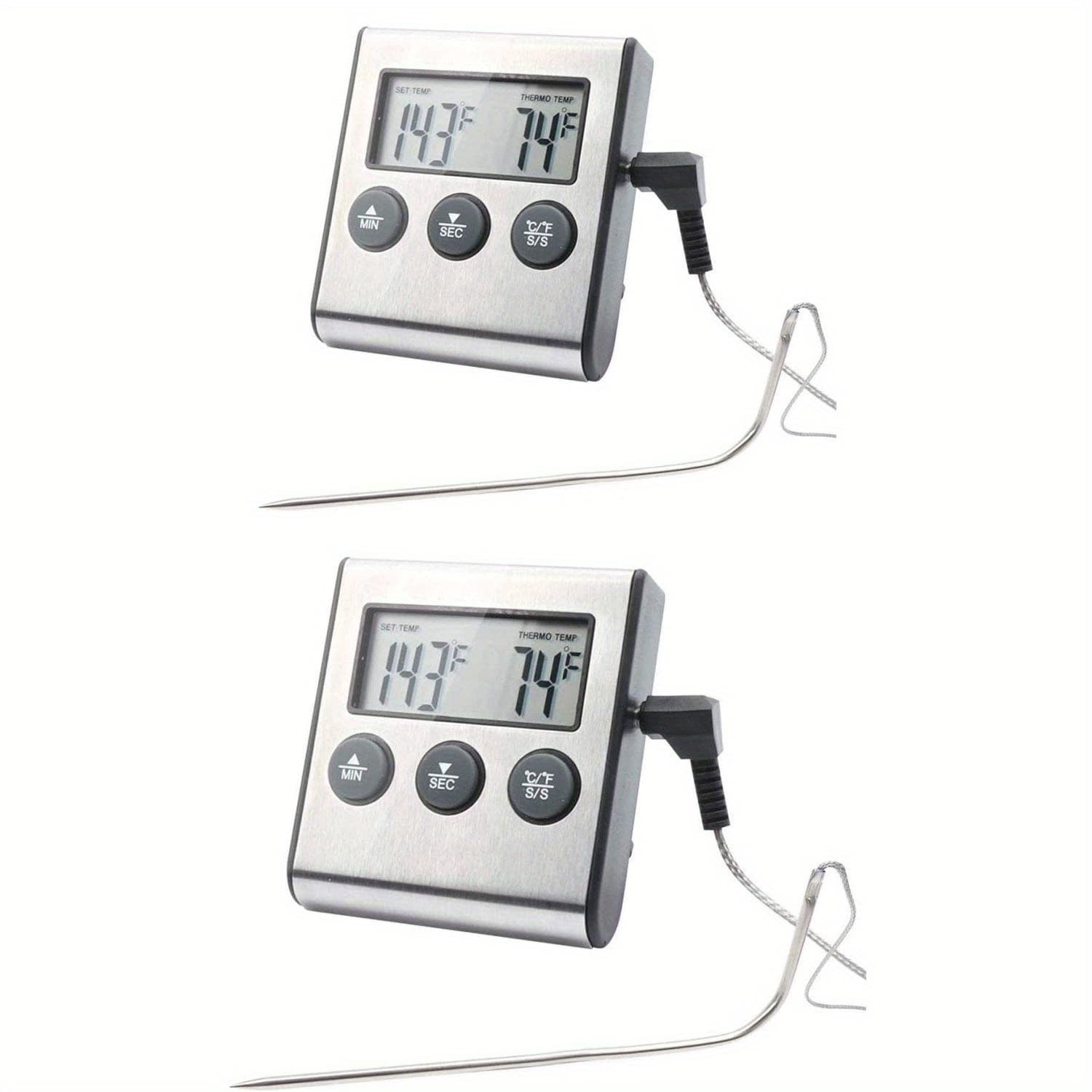 TEMU 2 Oven Meat Thermometer & Timer, Large Lcd Digital Cooking Food Thermometer With Probe, Stainless Steel Instant Read Grill/ Roasting Thermometers For Outdoor Oven Kitchen Bbq Turkey, Silver