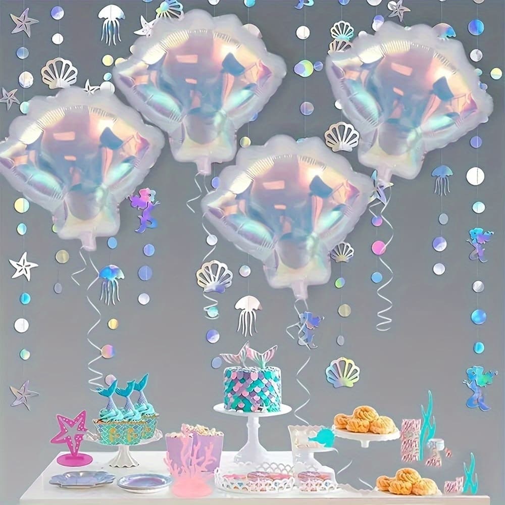 TEMU 4pcs Iridescent Seashell Balloons - Ocean Themed Party Decorations, Aluminum Foil Material, Party Decorations For Weddings, Anniversaries, And Outdoor