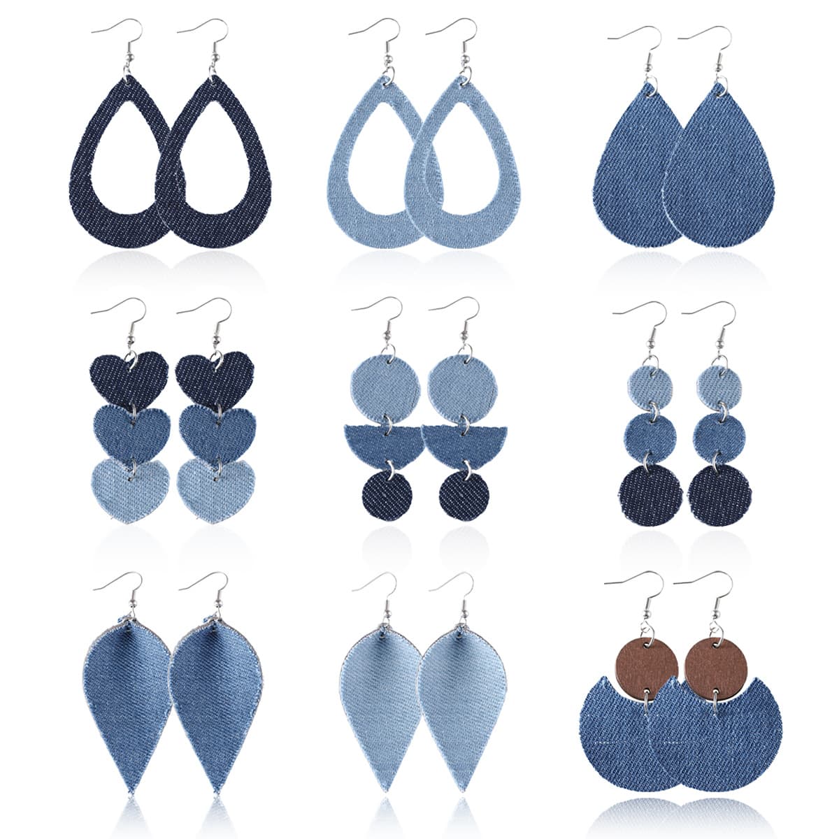 TEMU 9 Pairs Women's Blue Earring Set Bohemian Round Half-circle Crescent Heart Drop Geometric Denim Leather Drop Earrings Vintage Denim Boho Western Earrings Set Gift