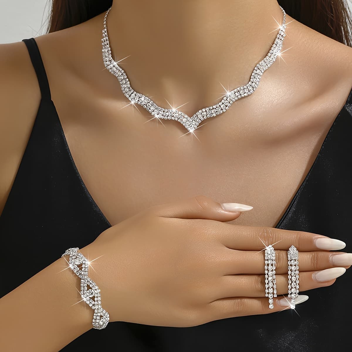 TEMU 3pcs Set A Pair Of Dangling Earrings + 1 Necklace + 1 Bracelet, Copper Jewelry Set With Sparkling Crystals, Elegant And , Women's Wedding Decoration