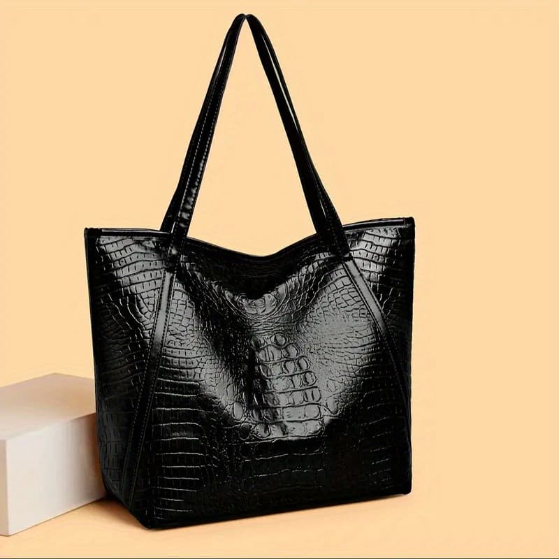 TEMU Stylish Black Crocodile-print Women's Handbag - Large Capacity Scratch-resistant Tote With Zipper Closure, Fixed Shoulder Strap & Cosmetic Pouch For Shopping, Commuting, Parties