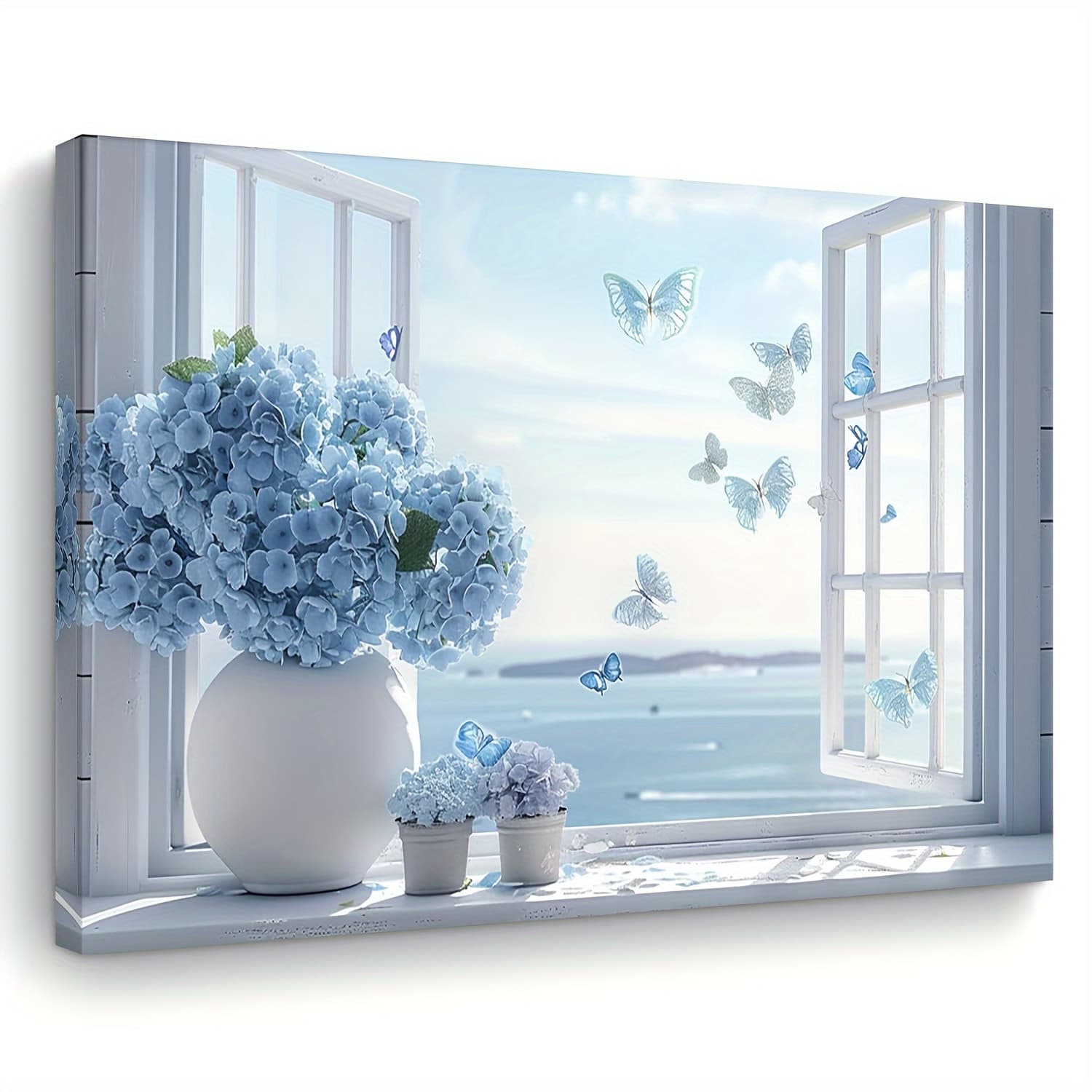 TEMU 2d Flat, 2d Flat 1pc Blue & Hydrangea Canvas Print, Wooden Framed Wall Art, & Office Decor, Perfect Gift Idea For Any Occasion, Living Room, Bedroom& Kitchen Accent