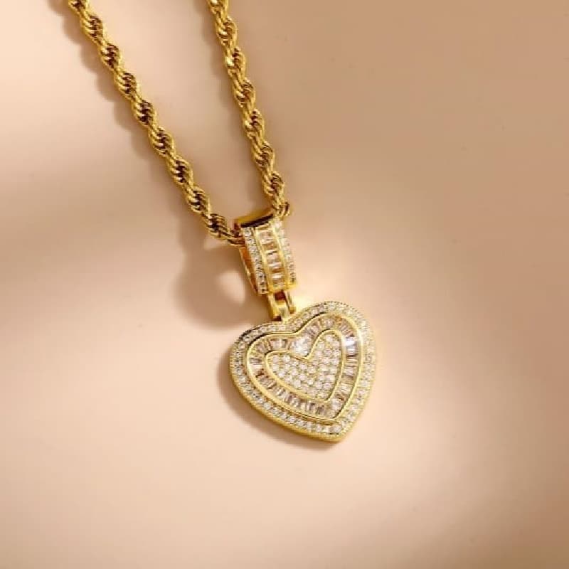TEMU 1pc Men's And Women's Copper Inlaid Synthetic Cubic Zirconiaia Heart Pendant Necklace, 14k Gold Plated Multi-pendant Thick Chain Hip Hop Unisex Jewelry