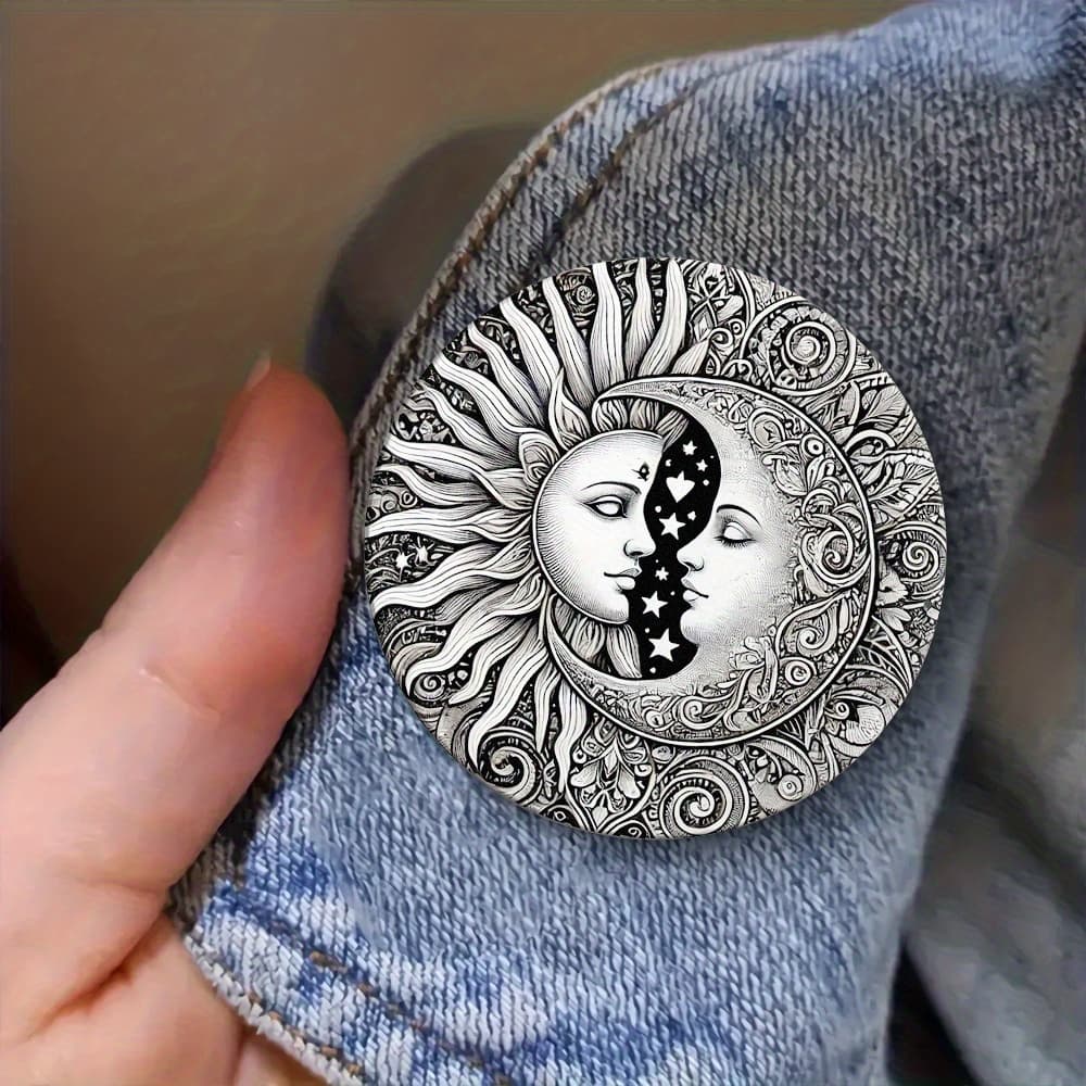 TEMU 2d Flat - 2d Sun And Moon Brooch, Suitable For Denim Jackets, Bags, Shirts, Hats Decoration, Retro Style Round Badge, Classic Sun And Moon Pattern, Additions, Suitable For Parties