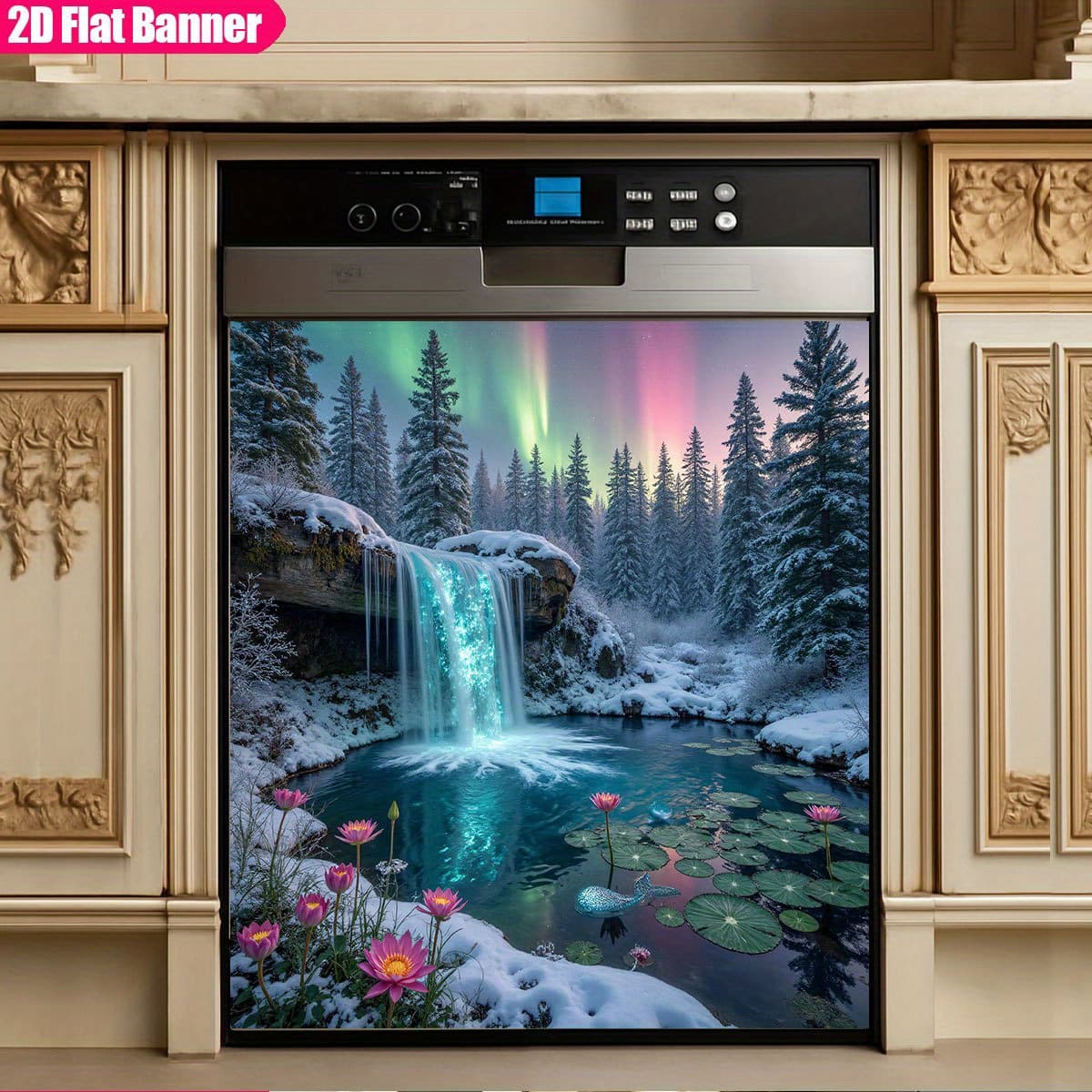 TEMU 2d Flat - 2d Flat - 2d Flat Dishwasher Door Stickers, Christmas Scenery Winter Landscape, Waterfall, Trees Covered In Snow And , Pondside, Magnetic Cover Stickers, Front Panel Stickers