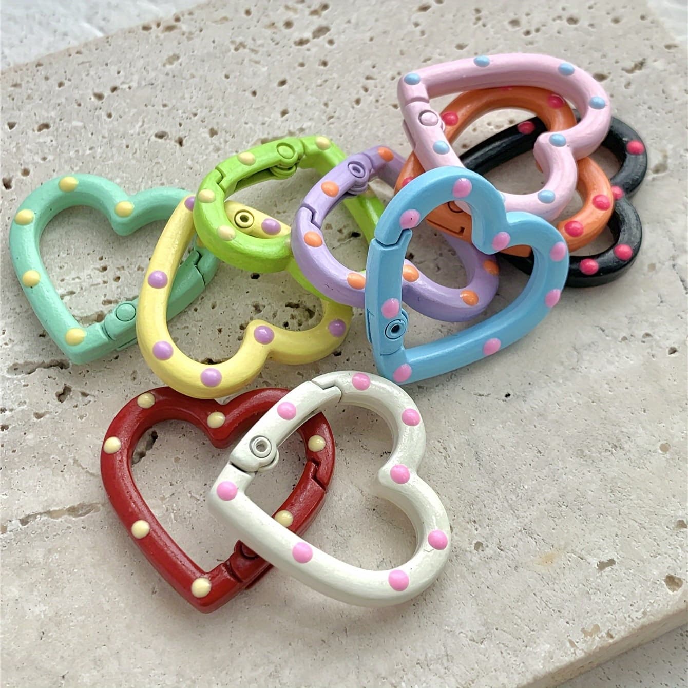 TEMU 5pcs Candy Color Random Heart Keychains Double Sided Painted Spring Clasps Suitable For Handmade Making/ Pendant Materials