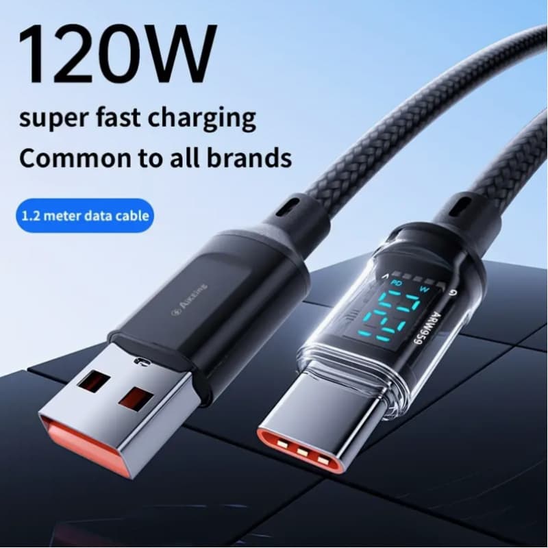 TEMU Super Fast Charging Cable-120w, Usb Type-c, Type-c To Type-c Charging Cable With Lcd Display, Real- Digital Display