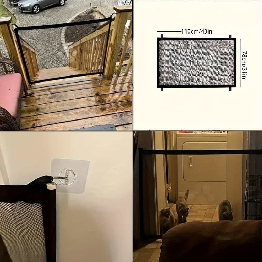 TEMU 7pcs Expandable Pet Gate For 1 Door 6 Hooks - Durable Pe Mesh & Stainless , Adjustable Portable Design, Indoor/outdoor Use, Space-saving Pet Door With Stylish Paw Print Decor, For Home & Patio