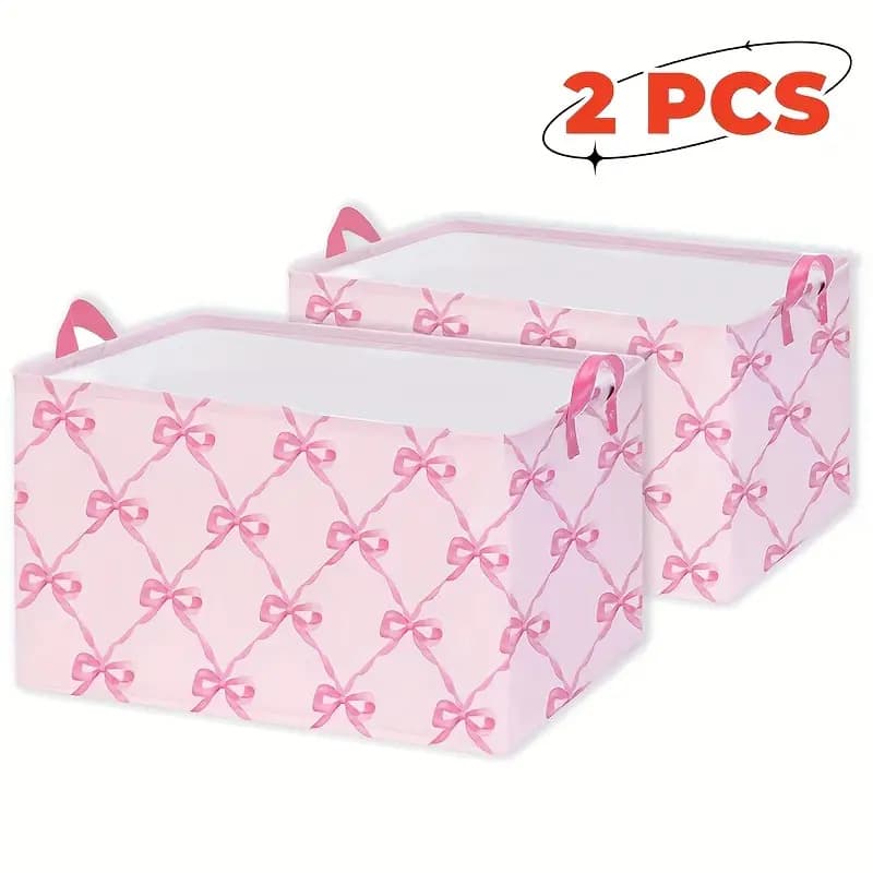 TEMU 2pcs Large Pink Bow Storage Baskets With Bow- Lid & Sturdy Handle - Open- Box Suitable For ,, Christmas Decor, Gift - Durable Canvas Storage For Cosmetics,, Books, Shelf Baskets