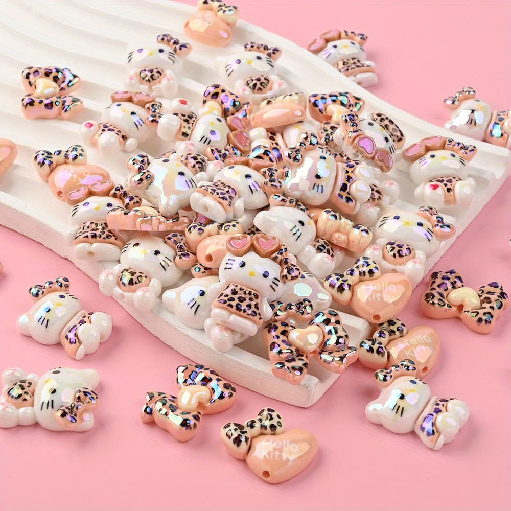 TEMU 10pcs Resin Leopard Print Beads Featuring Hello Kitty Designs, Including Cute And Delicate Leopard Print Bows And Heart Shapes. Jewelry Creative Additions Are Unique Decorations For Crafts