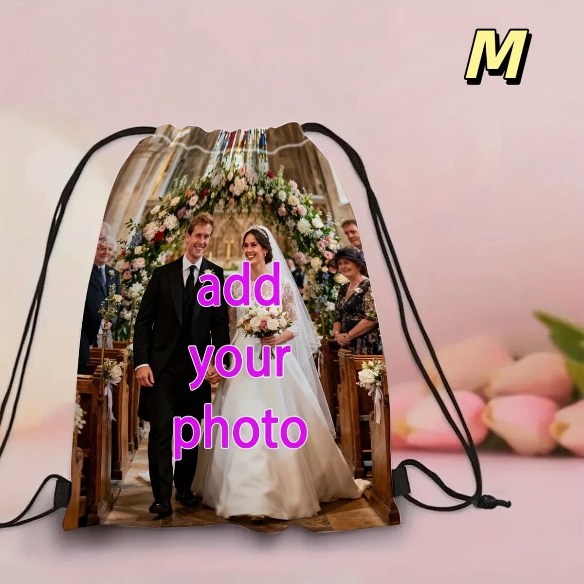 TEMU 1pc Custom Wedding Photo Drawstring Backpack, Photo, Fun Photo Print, Personalized Outdoor Sackpack For Honeymoon Travel, Beach Trips And Anniversary Gifts