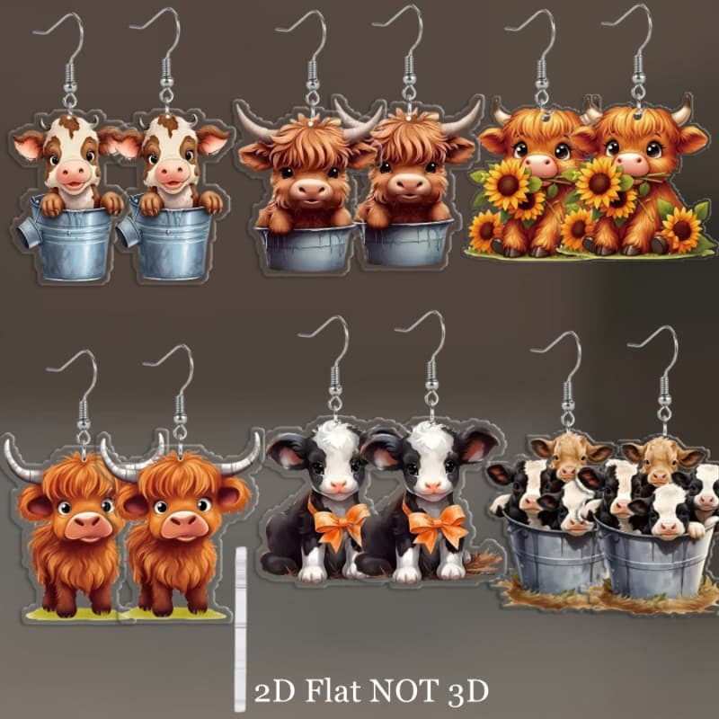 TEMU 2d Flat, 2d Pairs Of Cute Cartoon Acrylic Animal Earrings For Women, Featuring Adorable Bucket Cows, Calves, And , Perfect For , Fun Accessories, 2d Flat