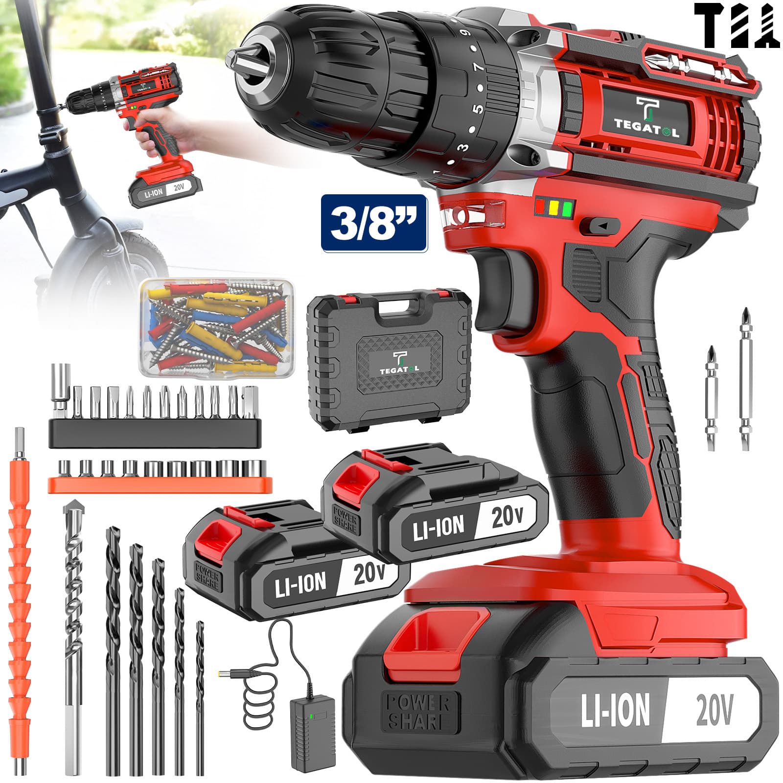 TEMU Tegatok 20v Cordless Impact Drill: 2.0ah Rechargeable Battery, Fast Charger, Built-in Led For Working Environment &industrial Workshop Drilling Tasks For New Year's Gifts
