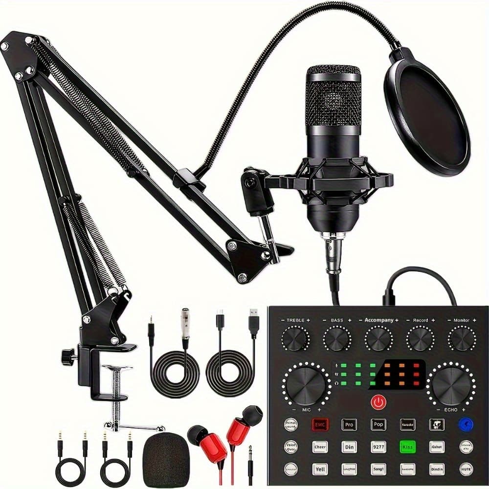 TEMU Podcast Gear Kit With Bm-800 Microphone & 4-channel Audio Mixer (13 Functions)-studio-grade Condenser Mic+pop 10 Live Streaming Sound Effects For Recording & Voice Work