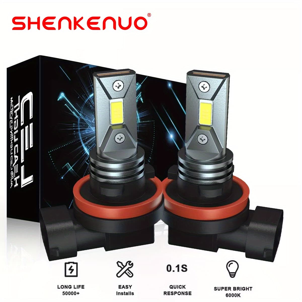 TEMU 2pcs H11 Led Headlight Bulbs Kit 6000k White 8000lm High/ Low Beam, Without Battery