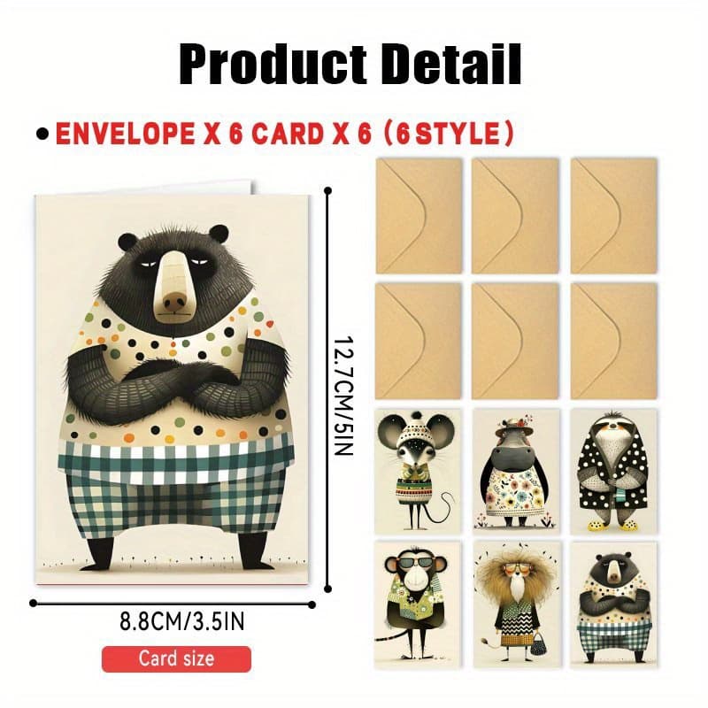 TEMU 12pcs Set With Envelopes, Retro Fun Cartoon Animal Birthday Thank You Wedding Greeting Cards, Multi-occasion Assorted Blank Cards, Gifts For Retro Fun Cartoon Animal Birthday Thanks Wedding Multi