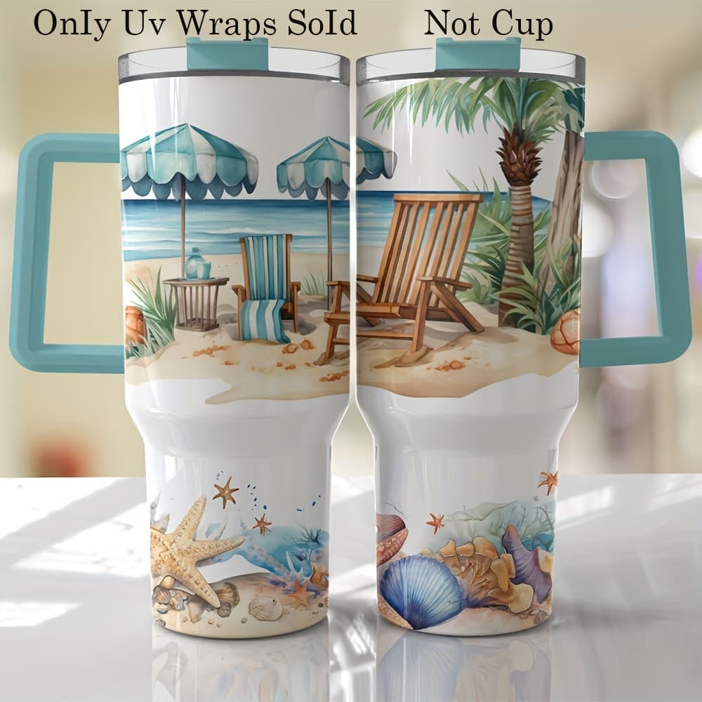 TEMU Set Of 2 Summer Beach Uv Dtf Wrap For Printing Self-adhesive Transfer, Compatible With 40oz Glass Cups, Mugs, Bottles, School Supplies, And More, Ideal For Art Crafts And Projects