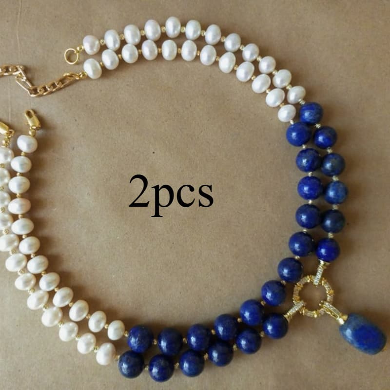 TEMU Unique And Elegant Handmade Lapis And Pearl Necklace Set Of 2 Cubic Zirconia Blue Natural Stone Jewelry Women's Gift Accessories