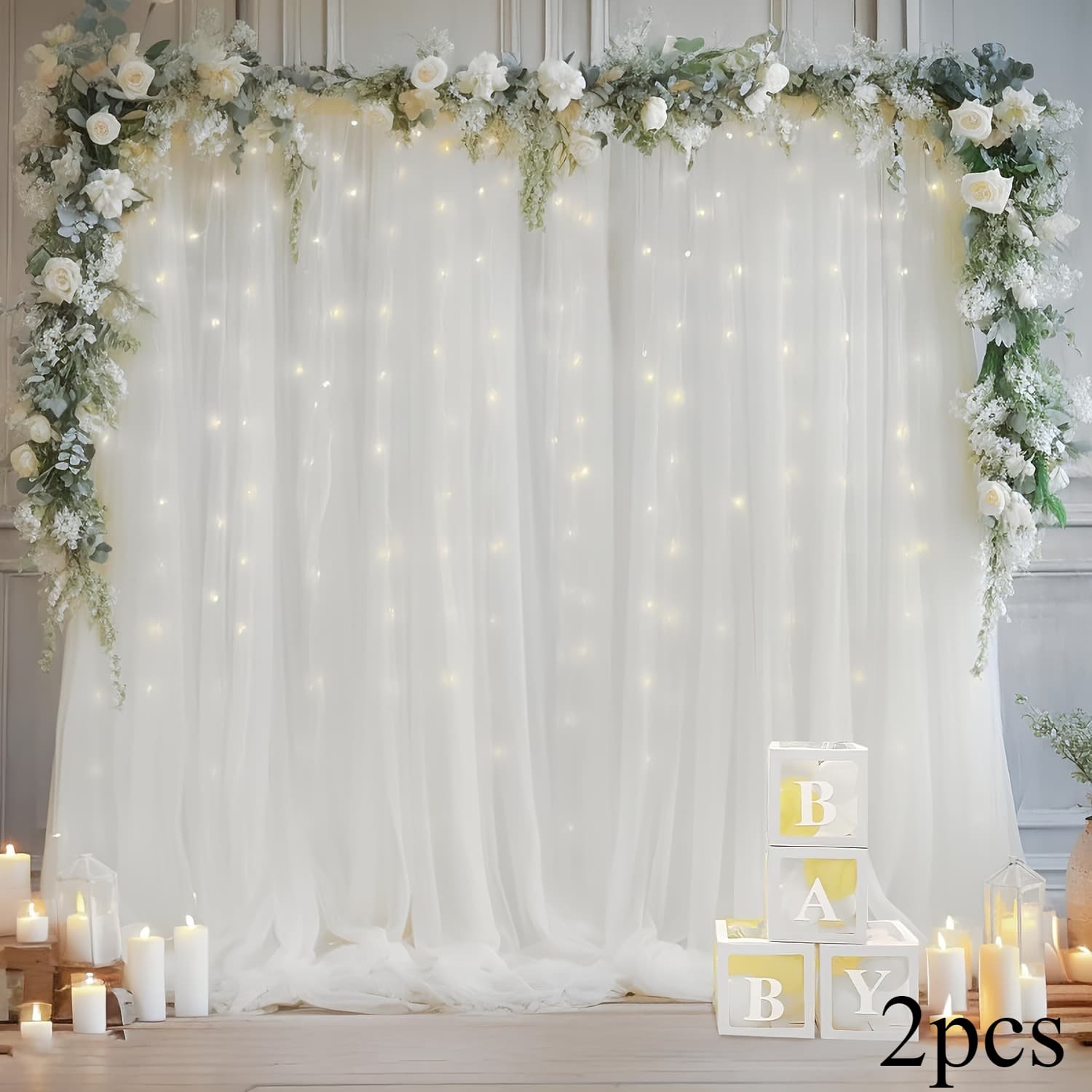TEMU 2pcs Transparent Sheer Background Curtain Polyester White Curtain Panel For Wedding-birthday-anniversary For Occasions