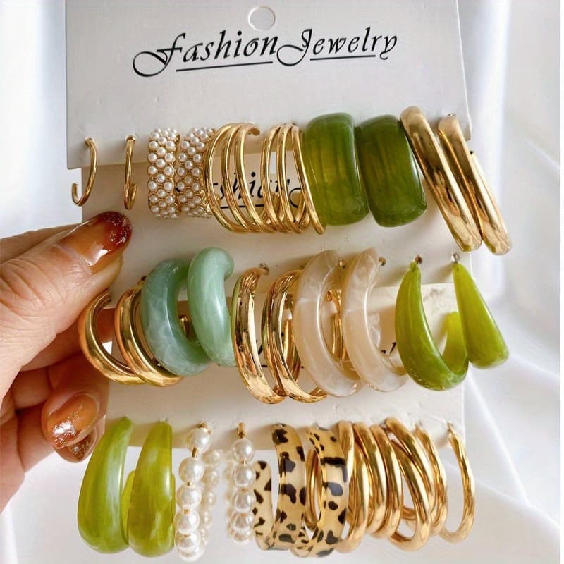 TEMU This 15pcs Collection Of Personalized And Stylish European And American Retro Earrings In Golden And Green Radiates And , Making It Wear, Parties, Festivals, And Occasions
